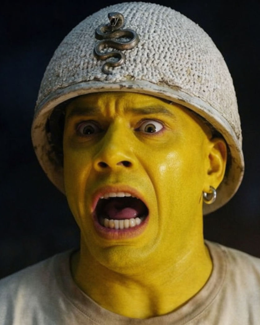 A wide-eyed exaggerated scared expression mid-zoom against a plain background