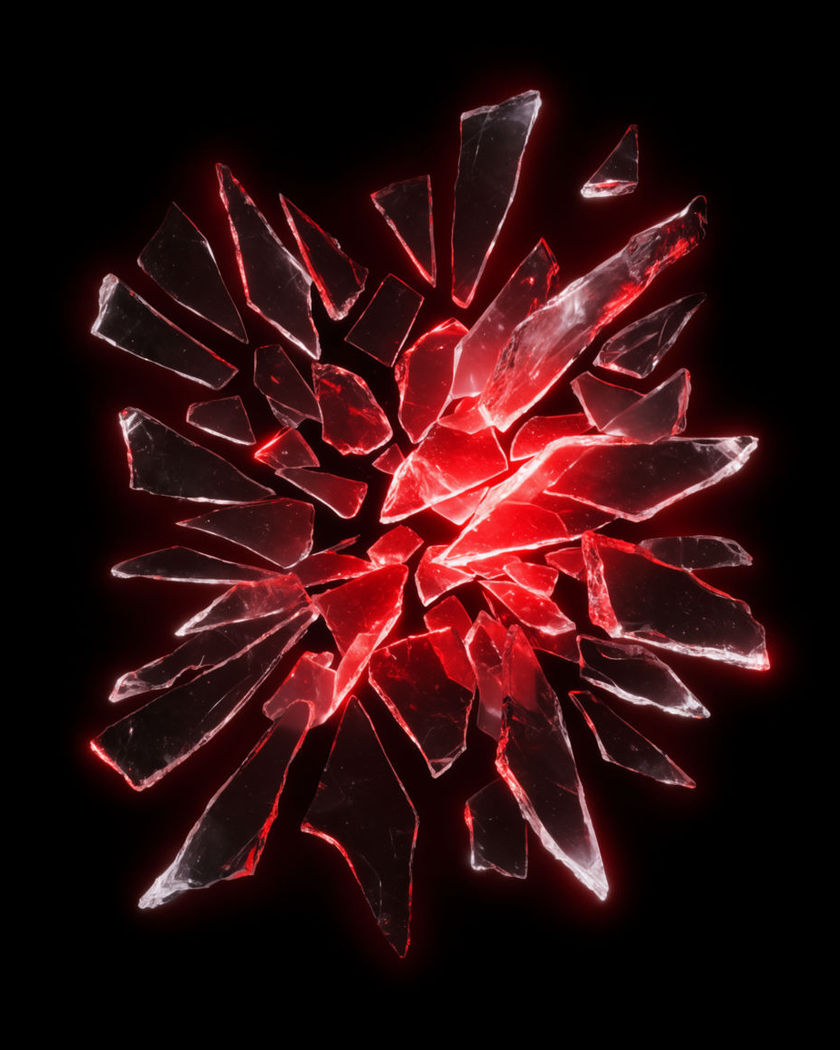 A cluster of sharp glass shards frozen mid burst radiating from a single point in black on a black ground