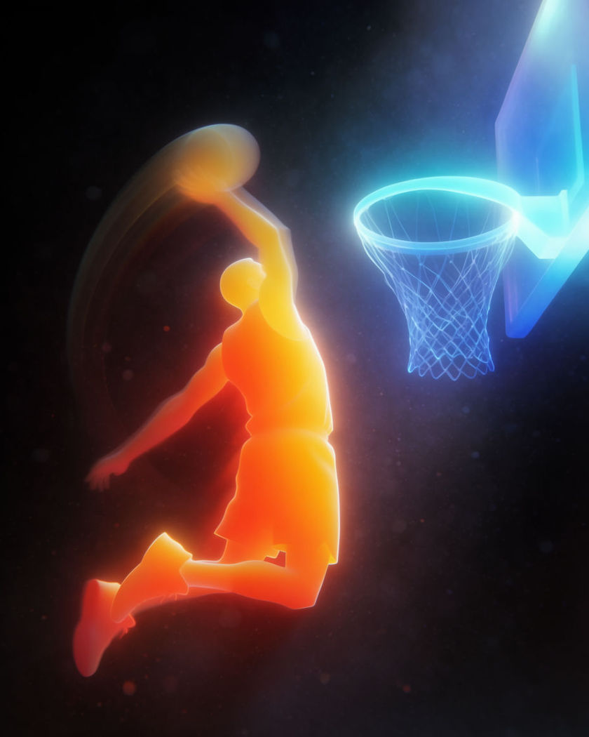 A silhouetted figure at the apex of a leap reaching a bright rim on a pure black ground, a faint arc of motion trailing the ball