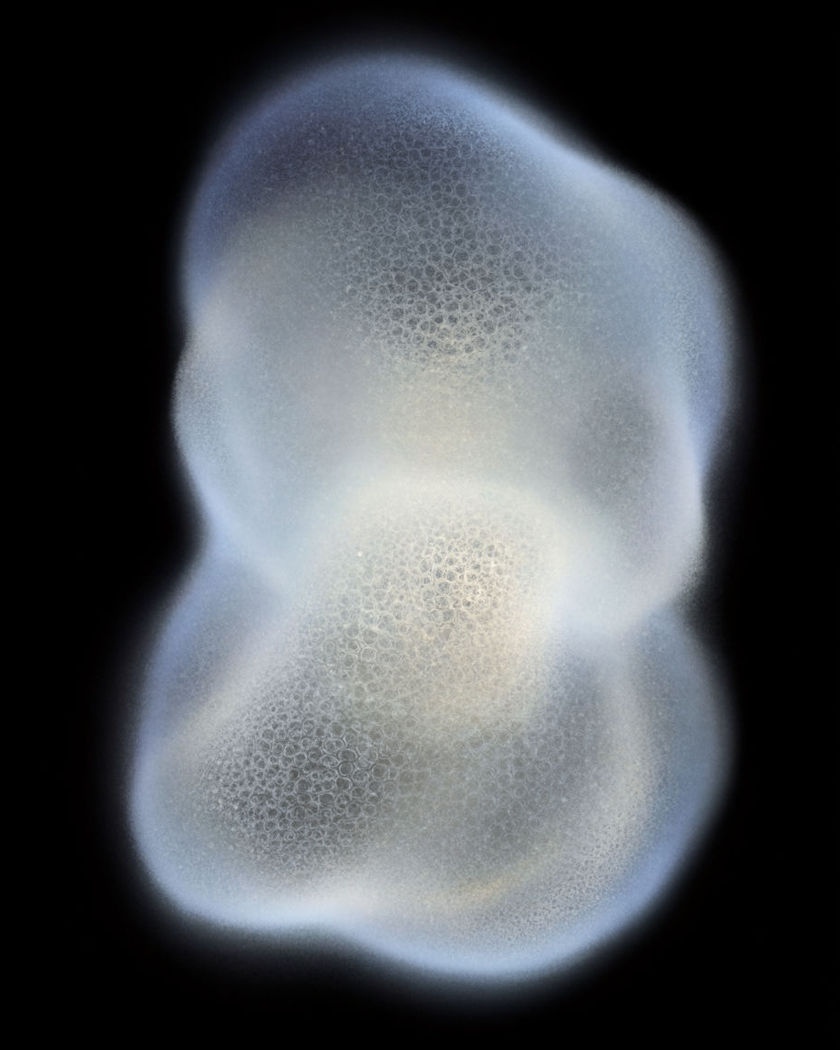 One glowing form flowing and reshaping into a different form mid-blend, the edges melting between the two on a black ground