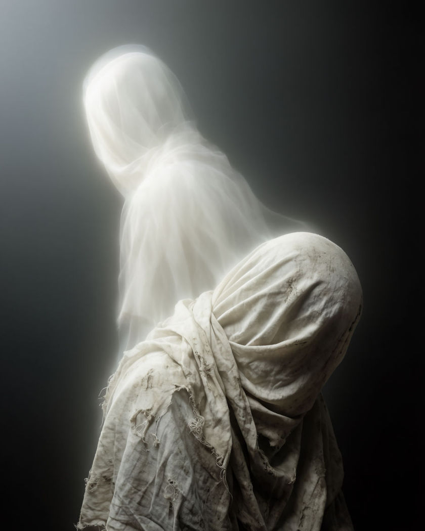 A translucent glowing figure rising up and away from a slumped body left behind in shadow