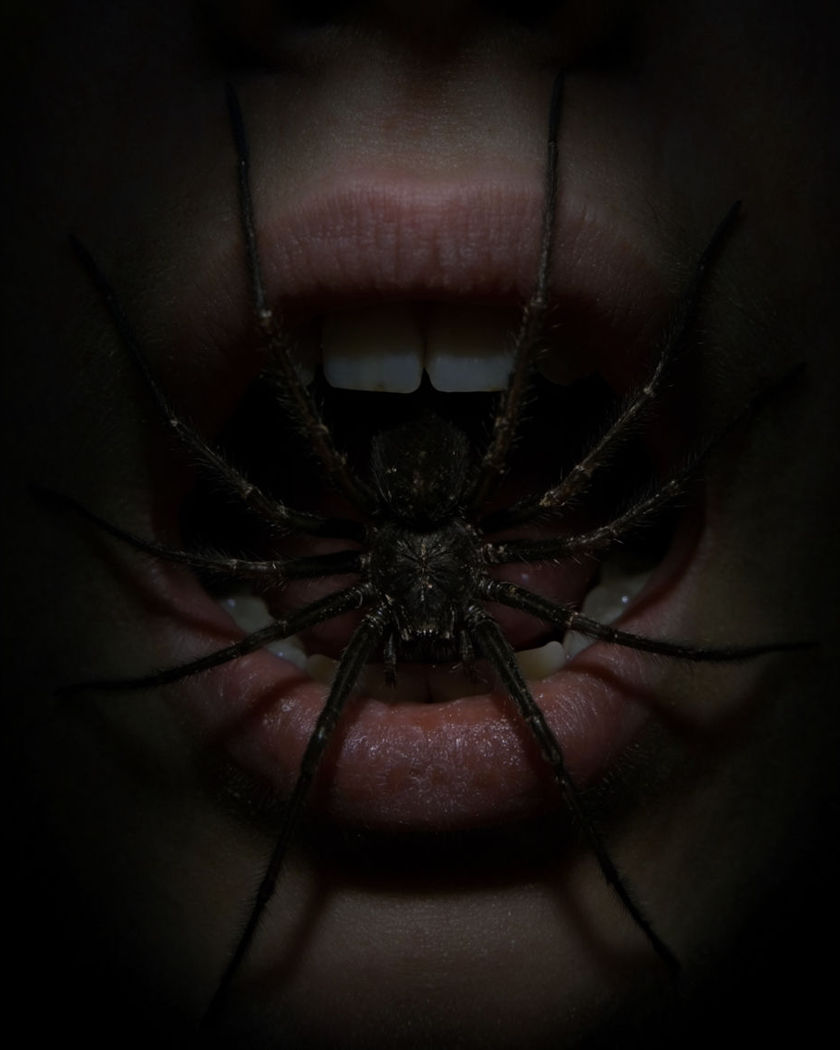 A dark spider emerging from a calm, still mouth in dim, dramatic horror lighting