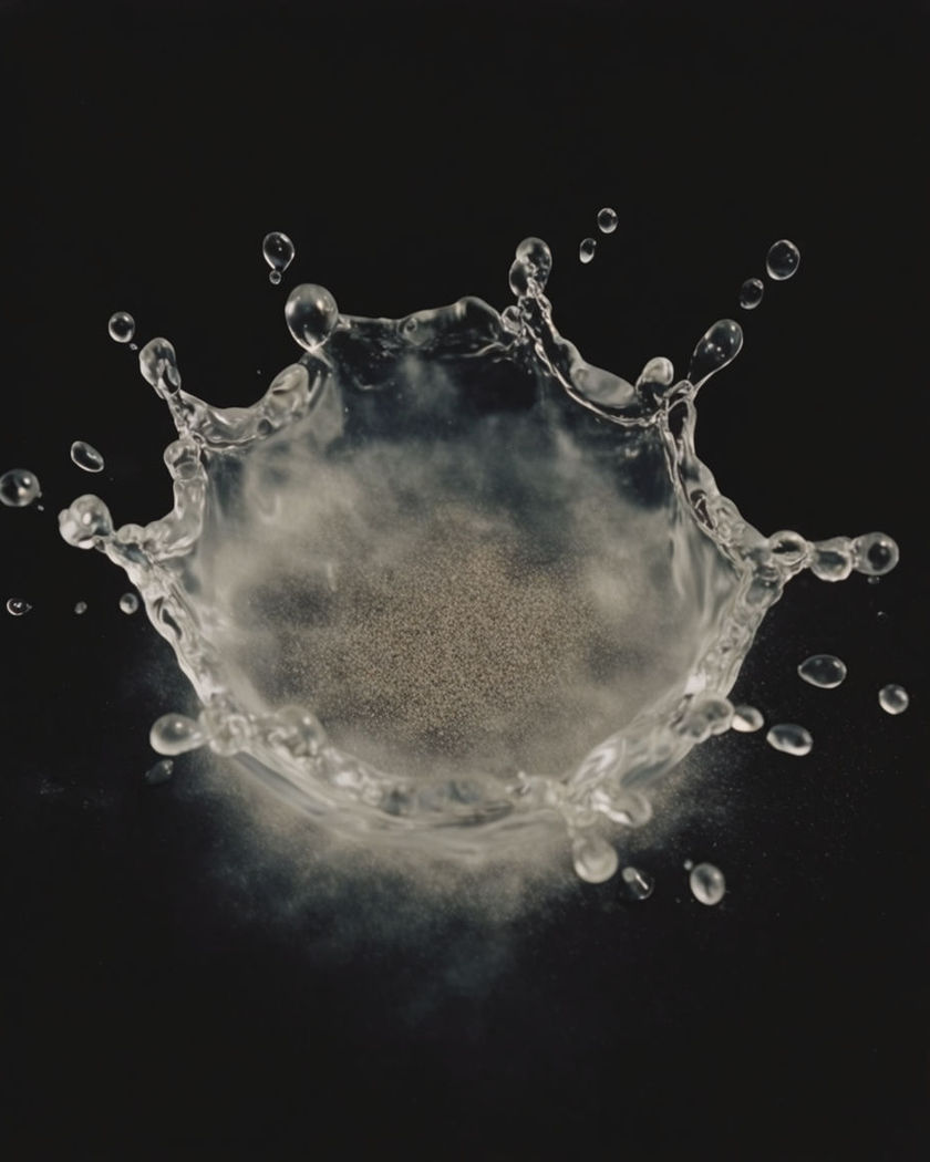 A crown-shaped burst of clear water frozen mid-splash with droplets scattering outward against a black ground