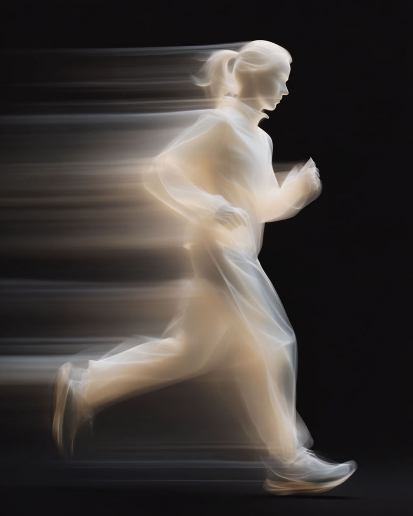 A sharp mid-stride runner silhouette against long horizontal streaks of motion on a pure black ground