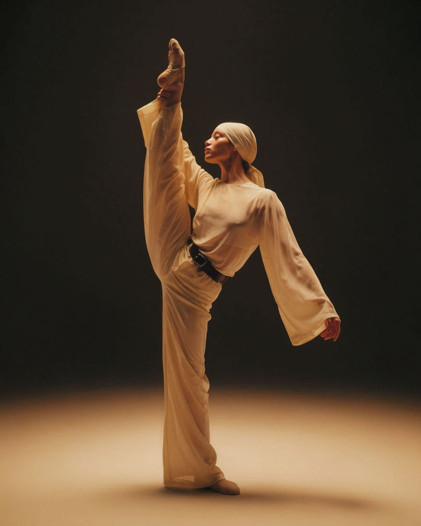 A dancer holding a full standing split with the extended leg reaching straight past their head, balanced and controlled