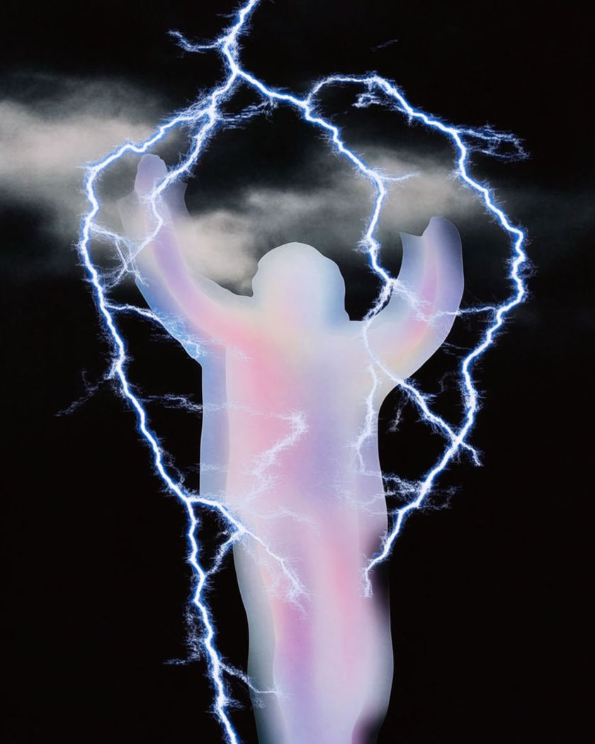 A figure with raised arms wreathed in forks of electric blue lightning under gathering dark storm clouds