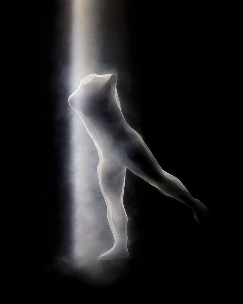 A single crisp figure silhouette frozen mid-gesture, lit by one hard beam against a pure black ground, no text