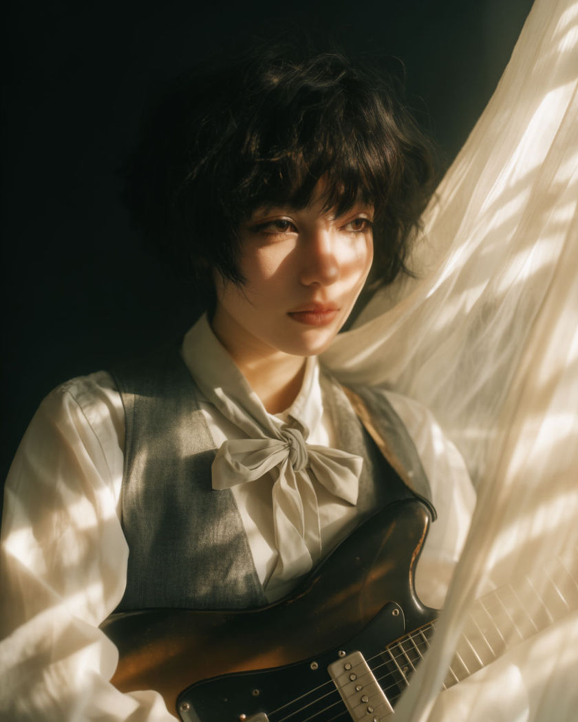 A person lit by warm sunlight breaking through a sheer swaying curtain, soft bars of light moving across their face