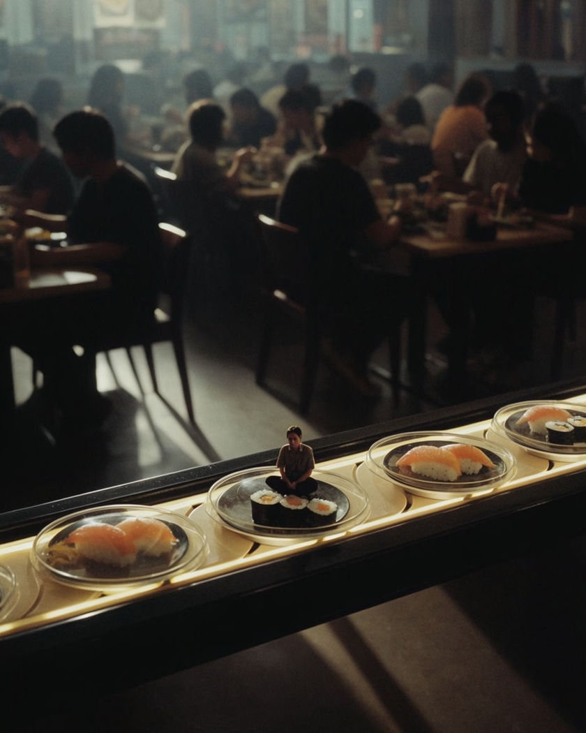 A tiny figure riding a sushi plate along a lit conveyor belt past rows of blurred diners