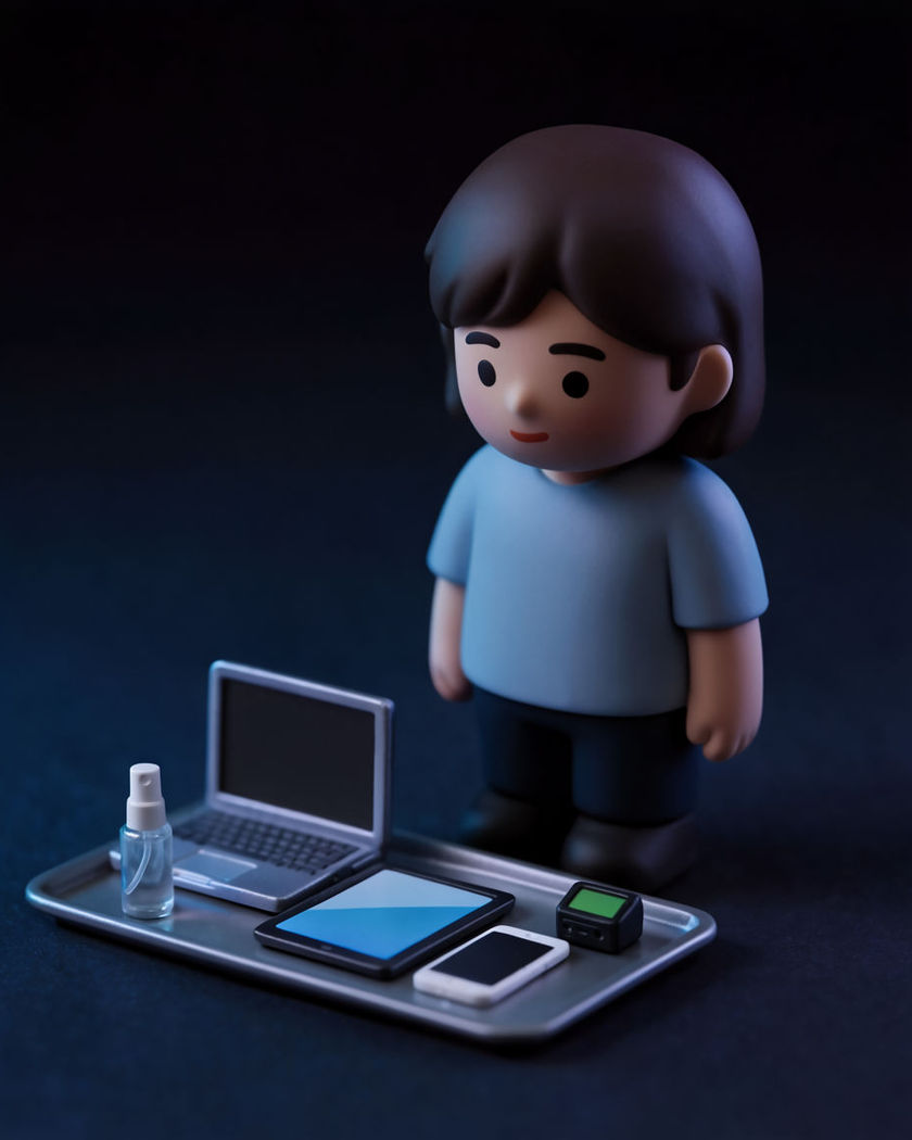 A person shown as a boxed collectible figurine with a tray of tiny tech accessories beside them