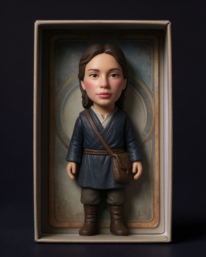 A collectible plastic figure and its accessories arranged inside a boxed set with printed card backing