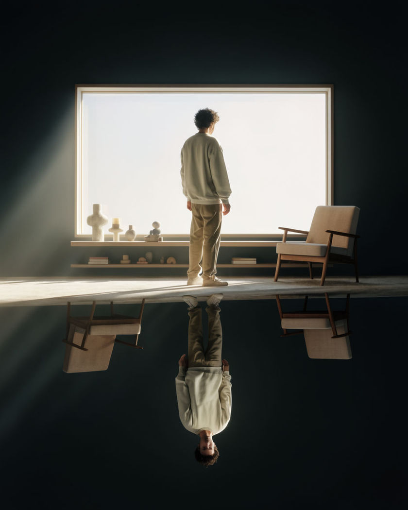 A room rotating around a steady figure until the whole scene settles upside down