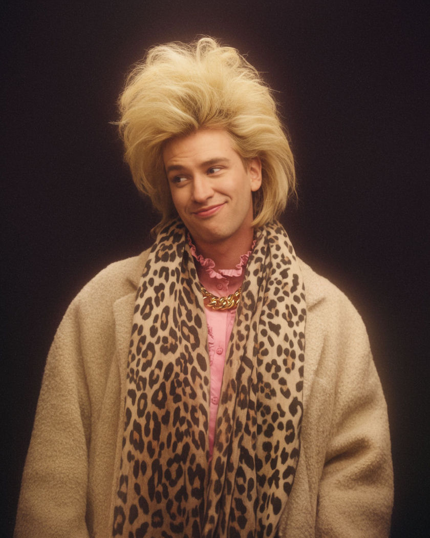 A person styled with big teased hair, bold 80s wardrobe and warm film grain lighting