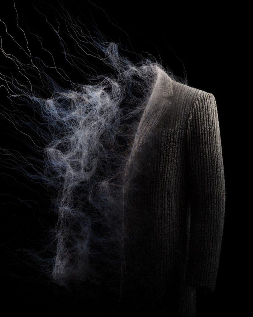 A single garment silhouette made of drifting glowing threads on a black ground