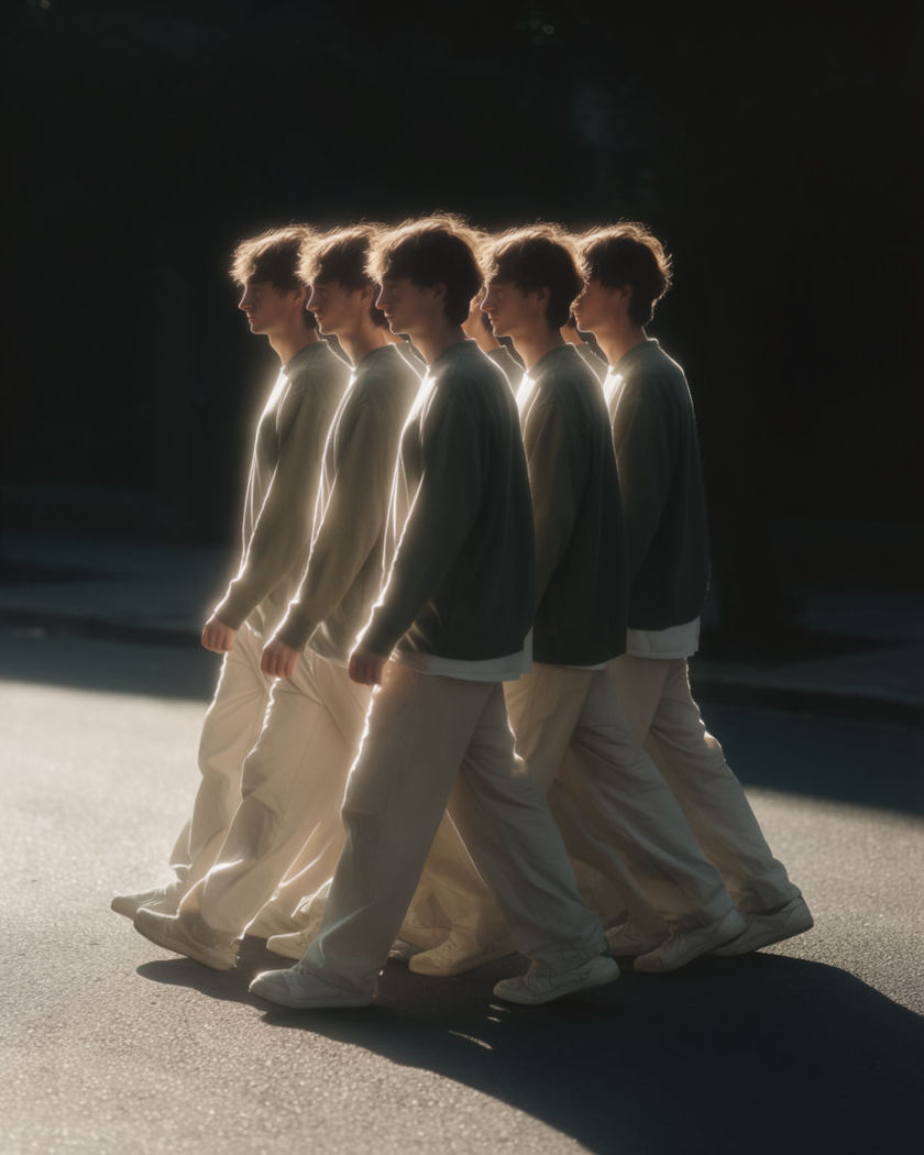 Several identical copies of the same person walking together in perfect sync along a street