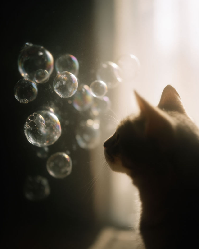 A curious pet peeking into a laundry room scene as soap bubbles drift past in warm light