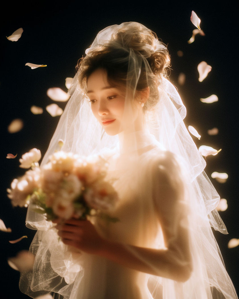 A bridal portrait holding a soft bouquet as petals drift past in warm golden light