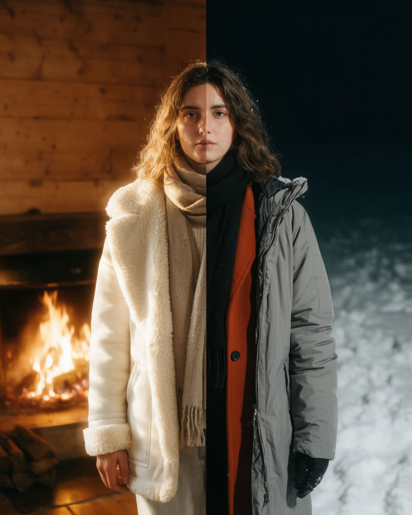 A portrait split into two side-by-side winter looks of the same person, one indoors by a fire and one outdoors in snow