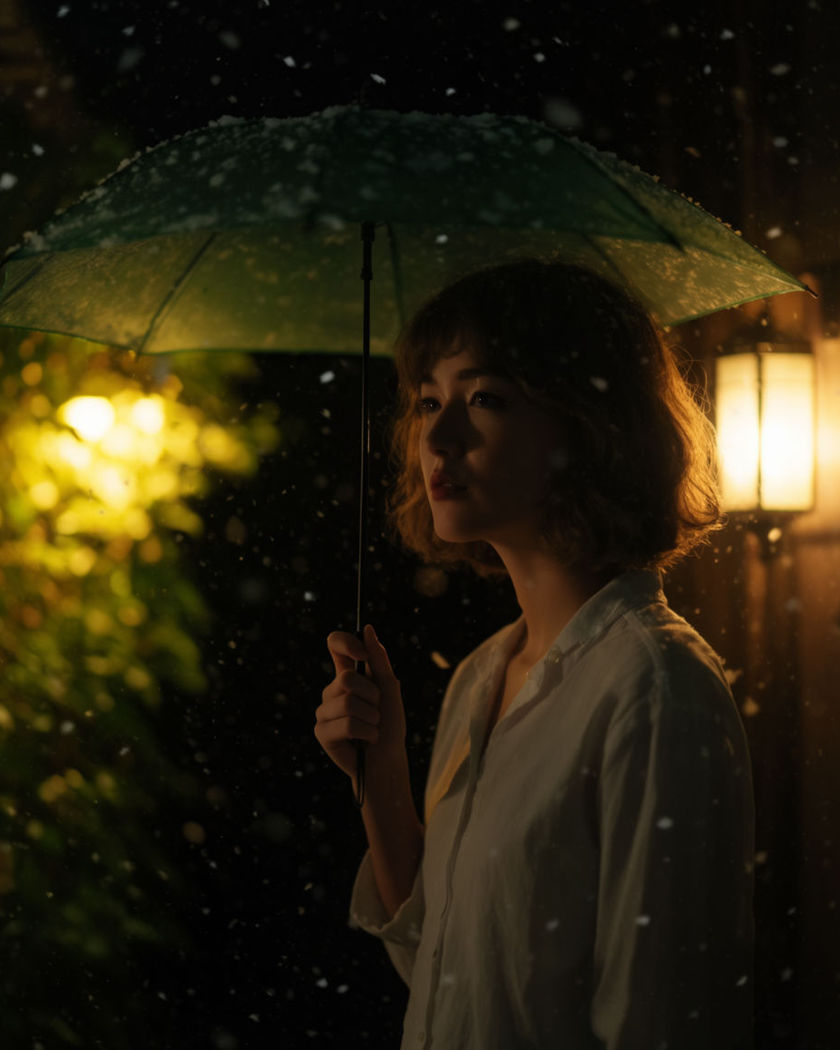 A portrait holding an umbrella in falling snow on a quiet lantern-lit street