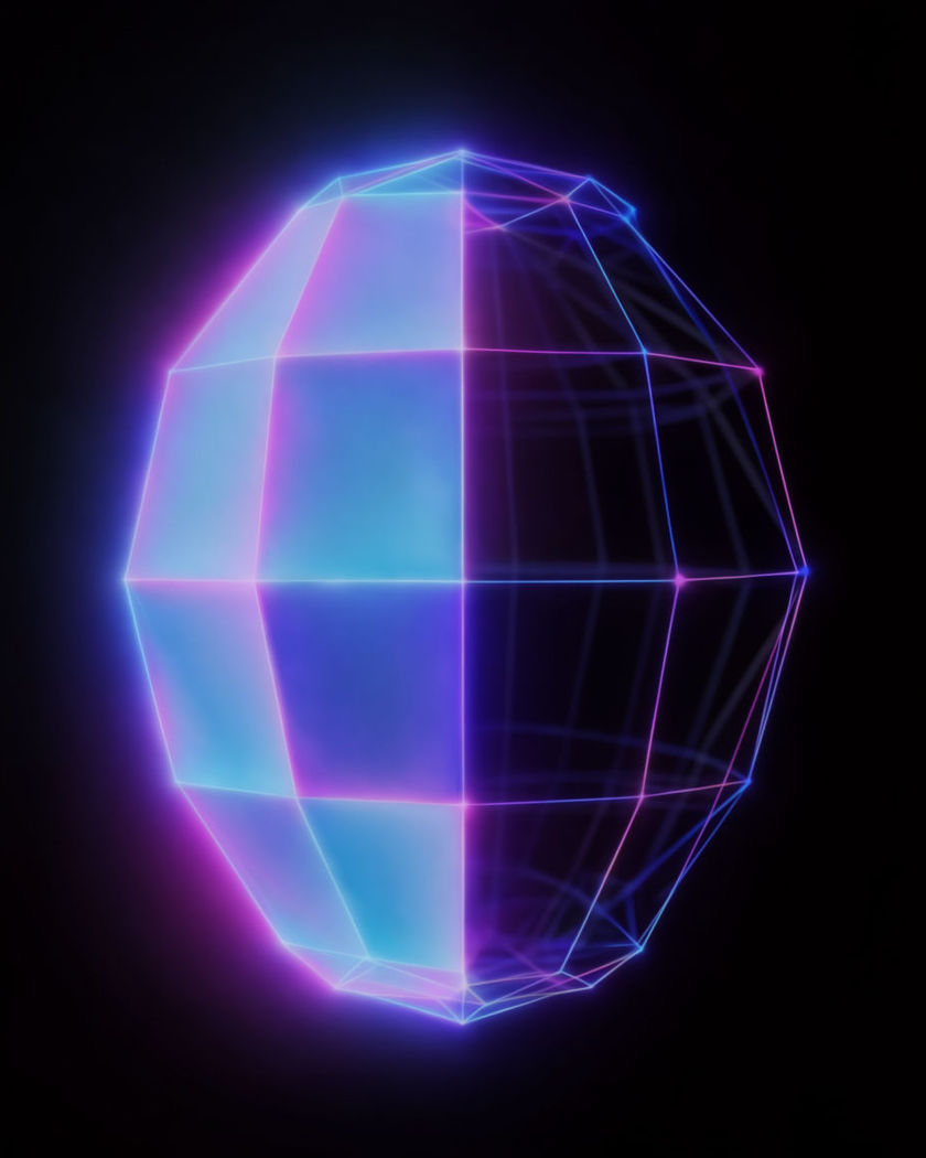 A glowing line-only mesh of a form drawn in thin neon edges and vertices, half solid and half wireframe, on a true black ground