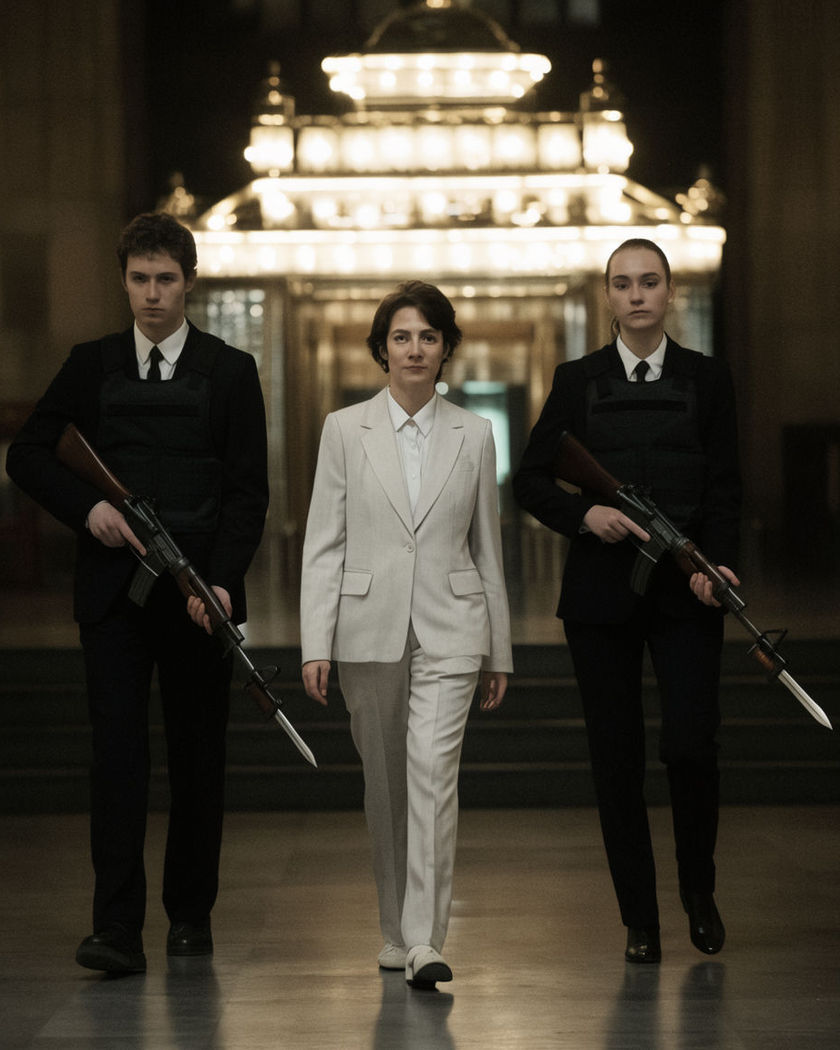 A person walking at the centre of two suited fictional bodyguards through a grand lobby with flashing lights behind