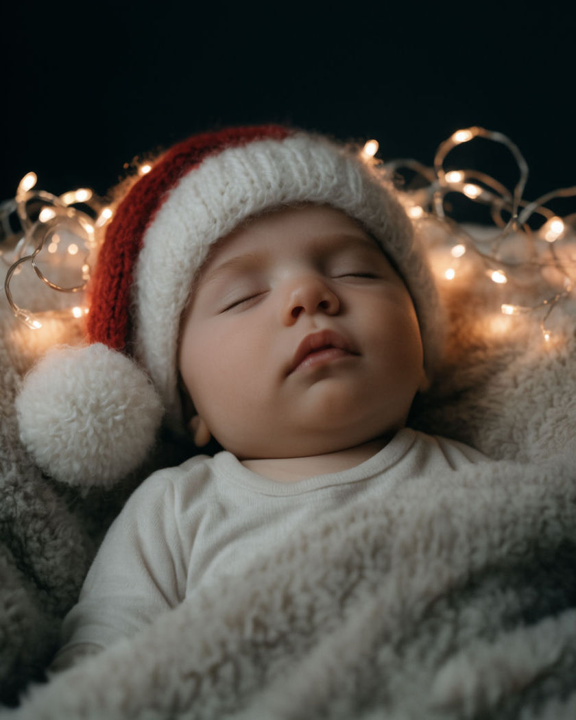 A sleeping baby in a soft santa hat with warm string lights glowing on a cosy blanket behind