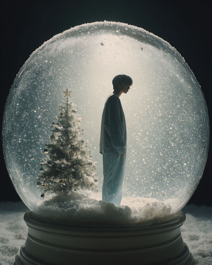 A person standing inside a snow globe beside a small decorated tree with glitter snow swirling around
