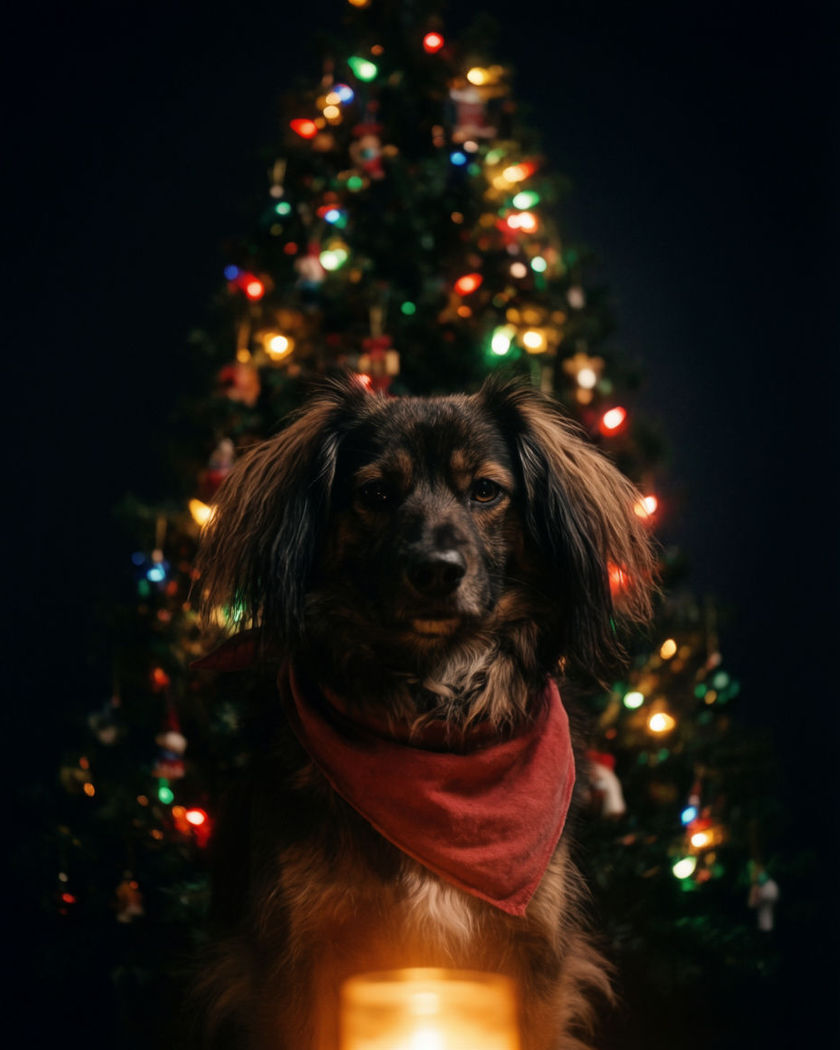 A pet posed centred like a poster portrait in a soft red bandana with a decorated Christmas tree glowing behind