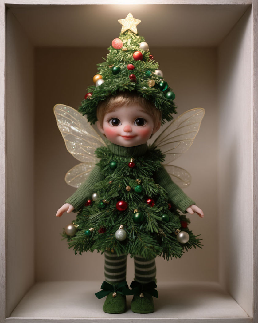 A person styled as a collectible doll dressed as a Christmas tree fairy standing inside a plain open display box