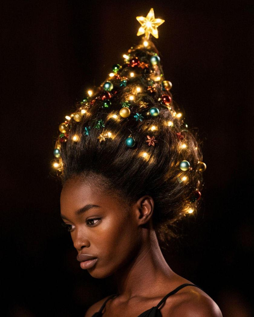 Hair swept up into a decorated Christmas tree shape, baubles and warm lights threaded through it and a gold star glowing at the crown