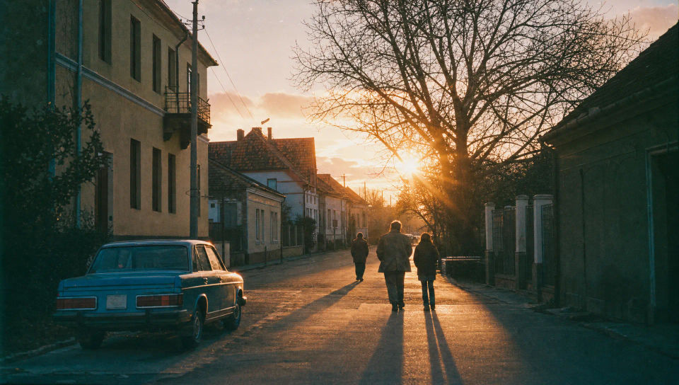 Golden-hour street scene on film