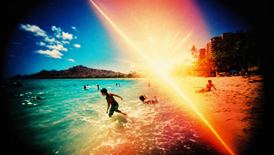 Light-leak beach sunburst scene