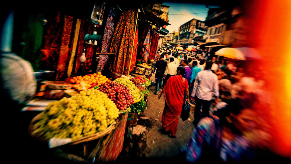 Saturated street-market frame