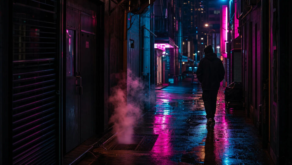 Neonbeleuchtete Nachtgasse