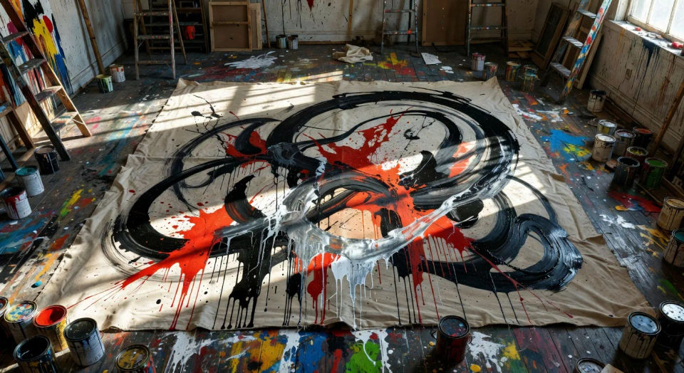 Allover drip painting on the studio floor