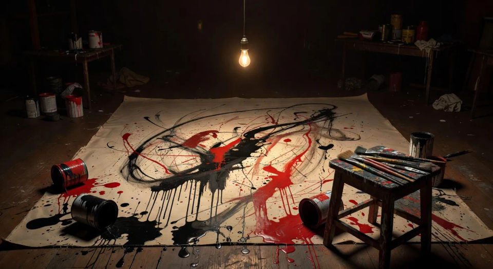 Late-night studio with single bulb