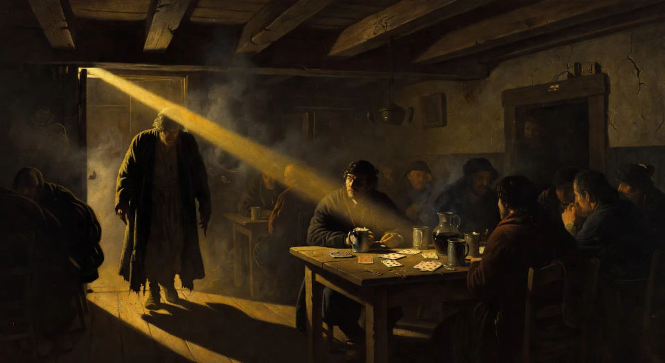 Calling scene in a smoky tavern