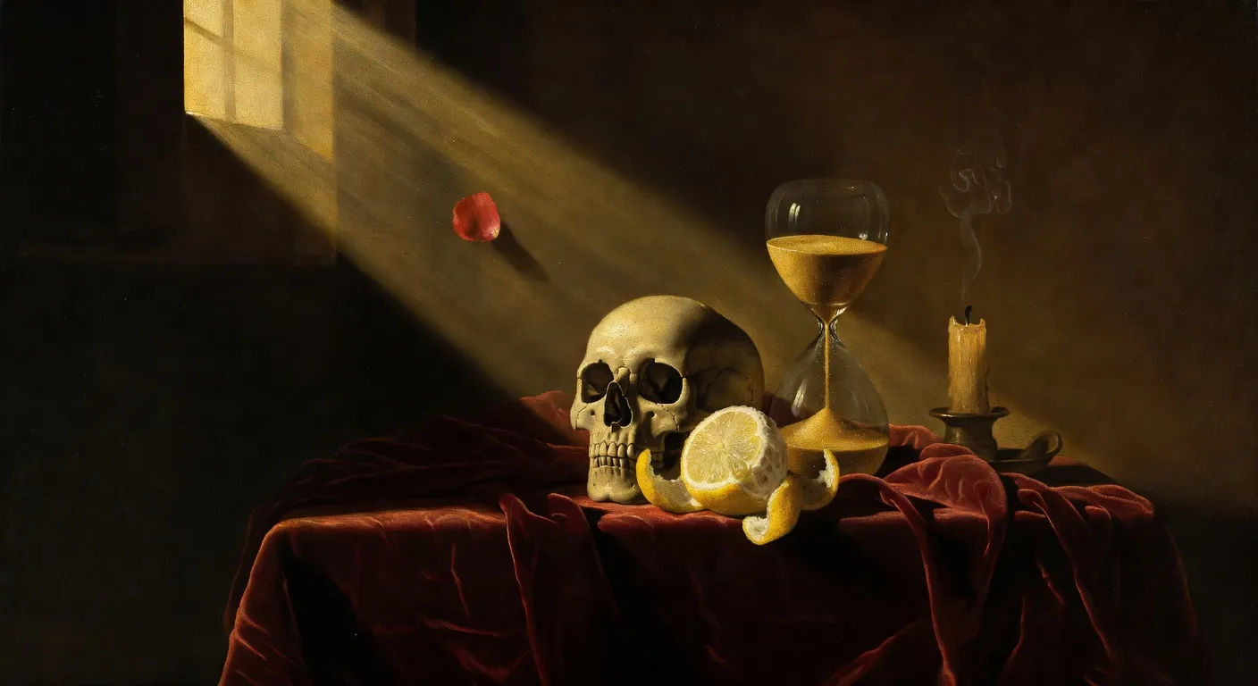 Vanitas still life on a draped table