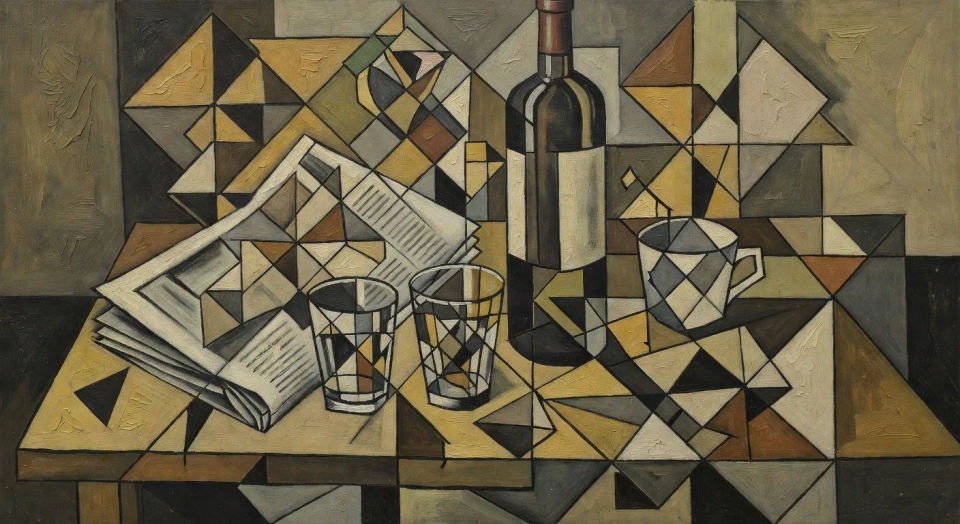 Analytic still life of wine bottle and newspaper
