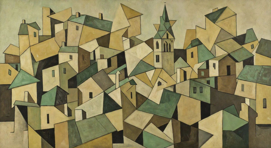 Cubist city of tilted rooftops