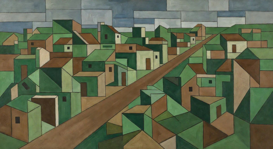 Cubist village under a stacked sky