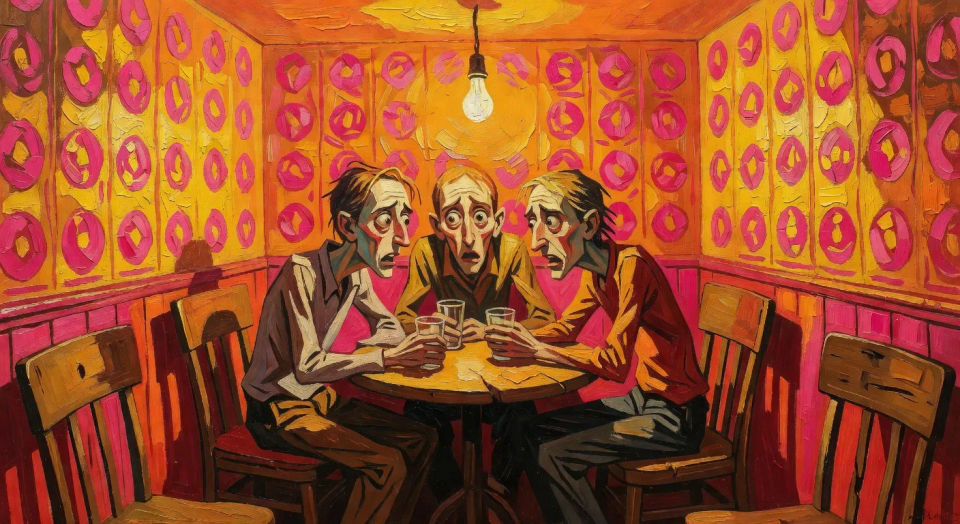 Café with anxious figures around a table