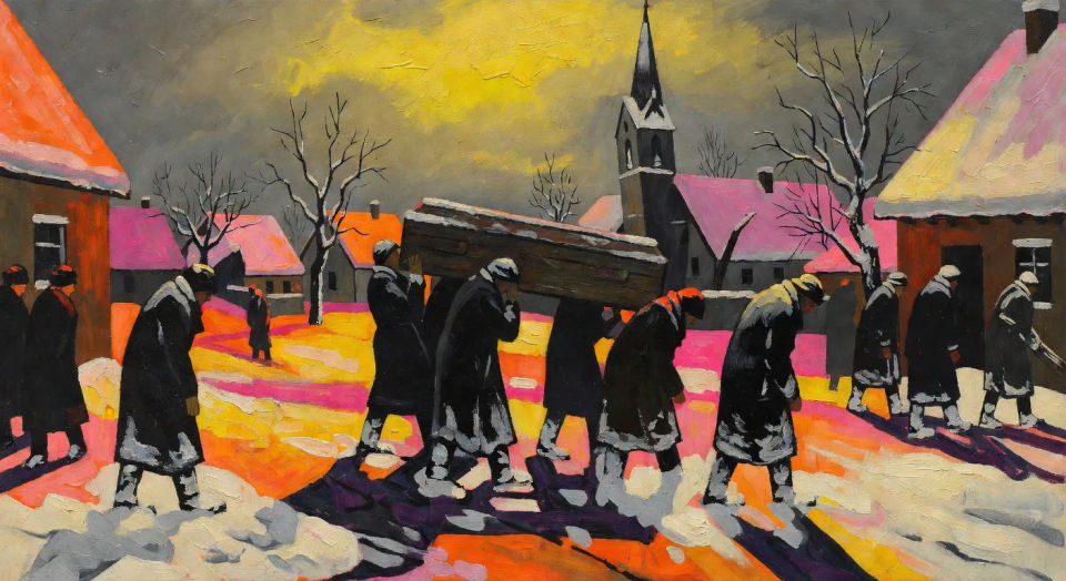 Funeral procession in a snowbound village