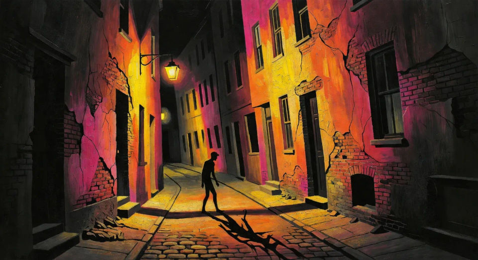 Haunted alley under acid yellow lamp