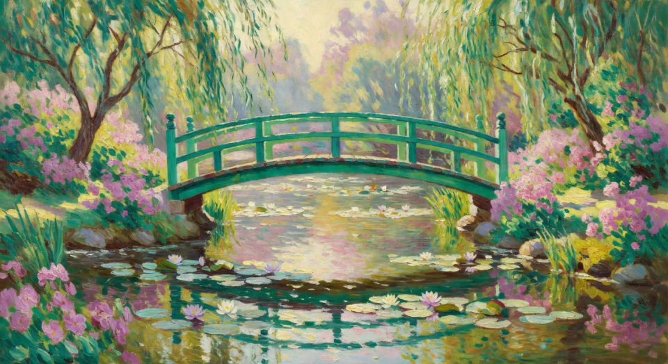 Garden bridge over water lilies