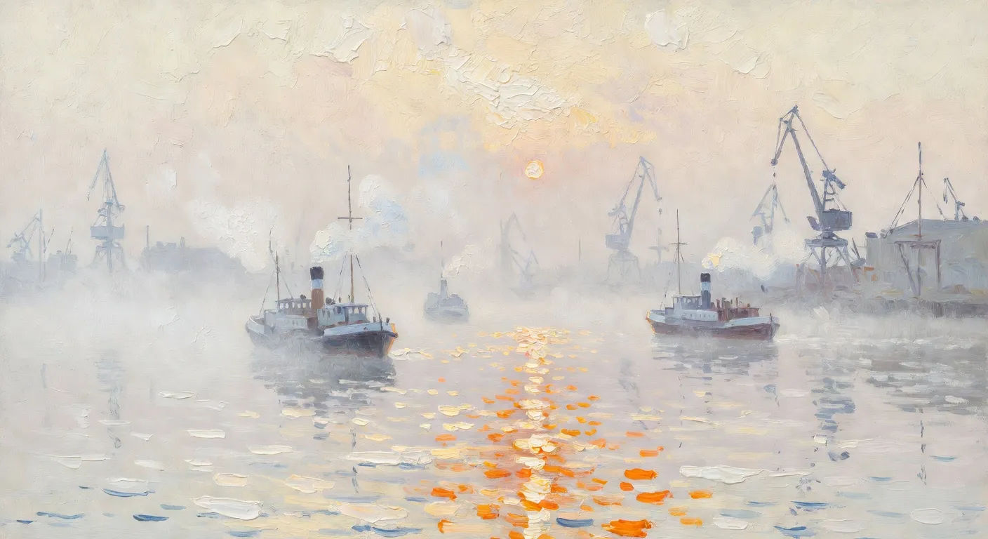 Harbor with steamboats at dawn