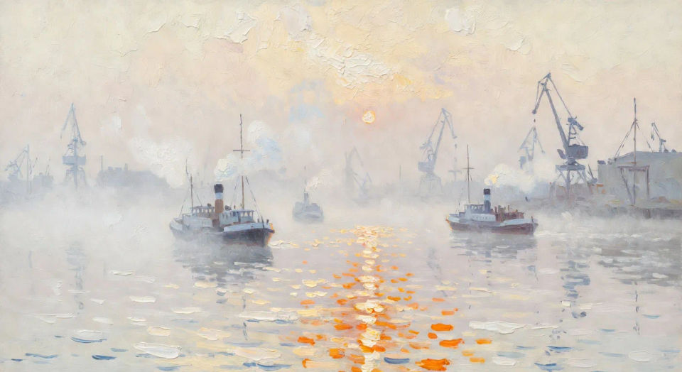 Harbor with steamboats at dawn