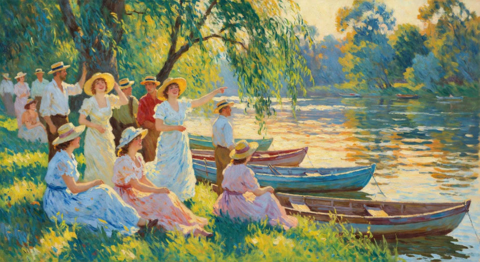 Riverside boating party at golden hour