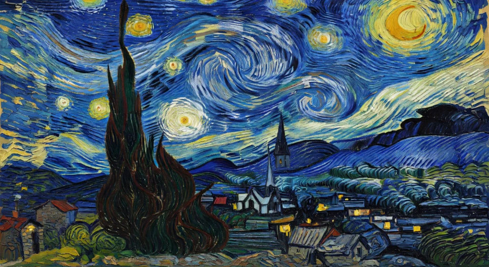 Swirling night sky over a sleeping village