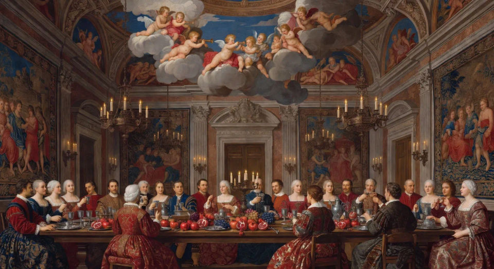 Banquet under a painted ceiling
